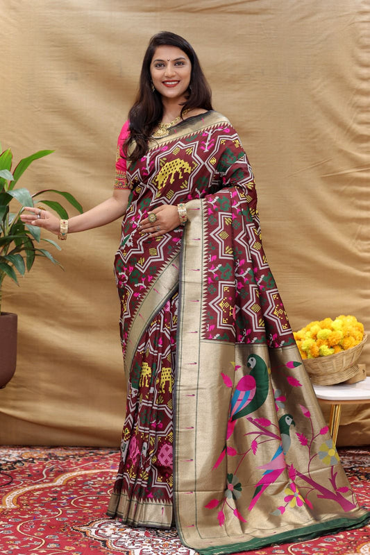 Trendy Wine Paithani Silk Saree With Stylish Blouse Piece
