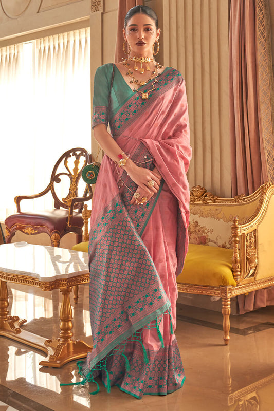Nemesis Pink Soft Banarasi Silk Saree With Susurrous Blouse Piece