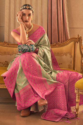 Phenomenal Green Soft Banarasi Silk Saree With Intricate Blouse Piece