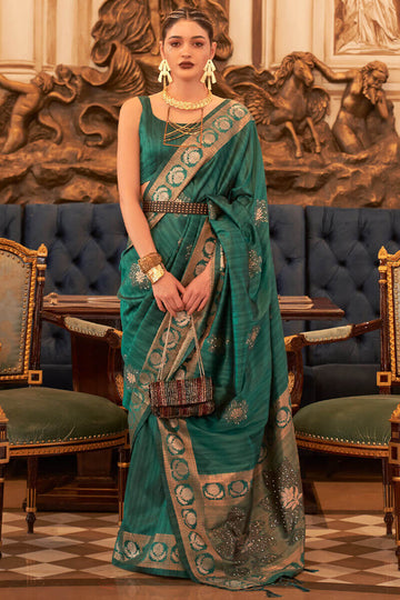 Blissful Dark Green Soft Banarasi Silk Saree With Classic Blouse Piece