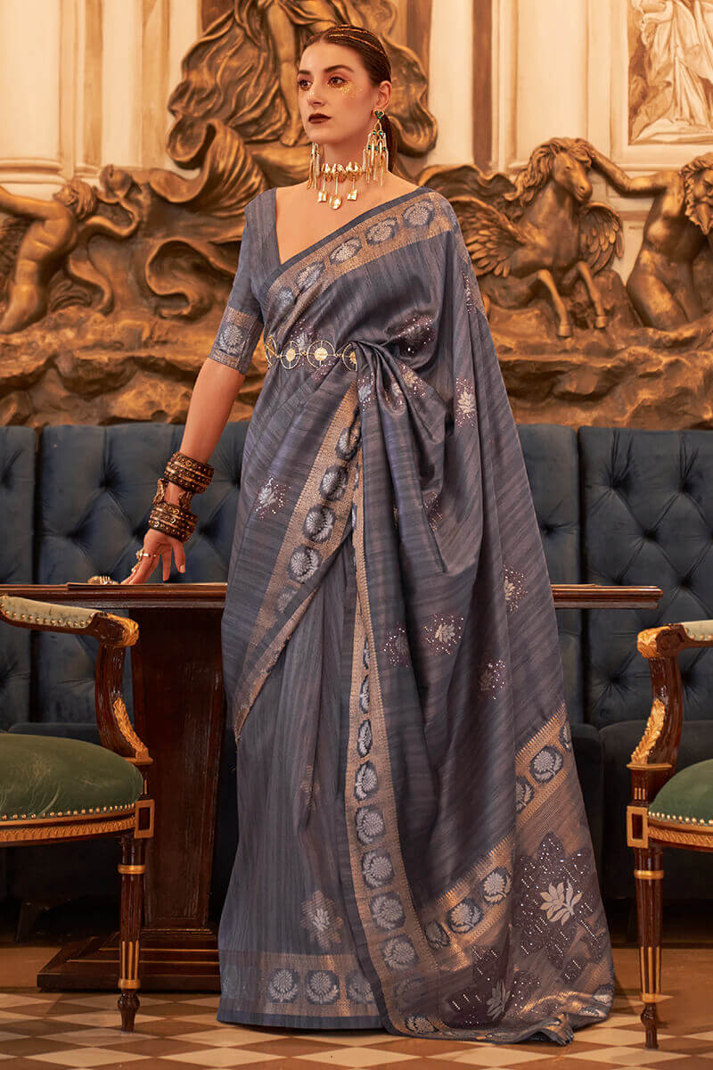 Petrichor Grey Soft Banarasi Silk Saree With Forbearance Blouse Piece