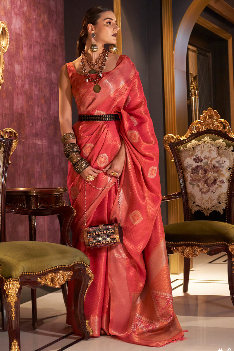 Ideal Red Soft Banarasi Silk Saree With Brood Blouse Piece