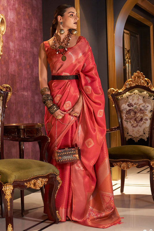 Ideal Red Soft Banarasi Silk Saree With Brood Blouse Piece