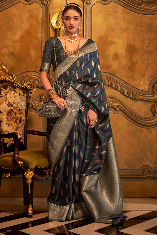 Jazzy Navy Blue Soft Banarasi Silk Saree With Gratifying Blouse Piece