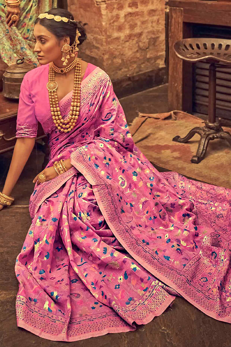 Divine Pink Pashmina saree With Enticing Blouse Piece