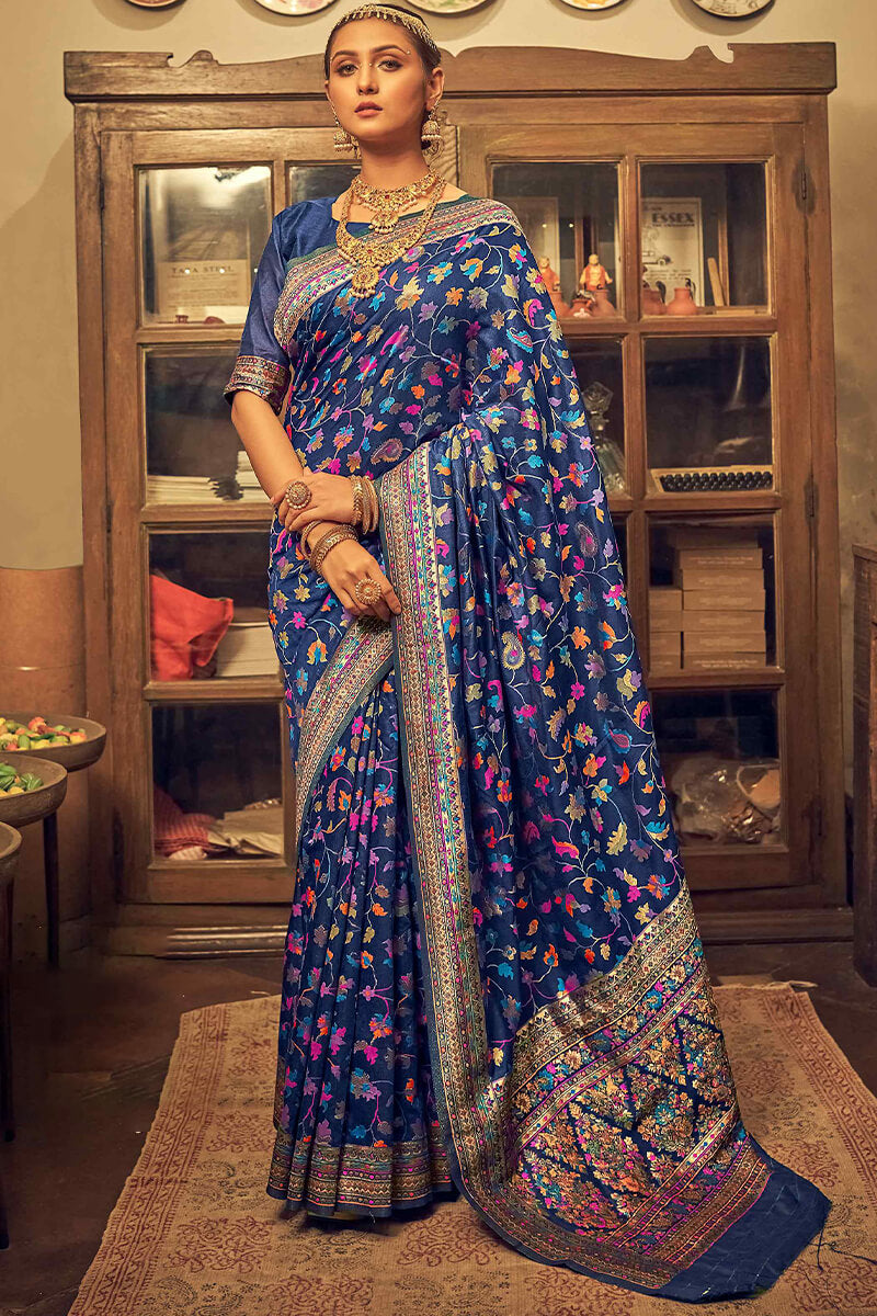 Conflate Navy Blue Pashmina saree With Traditional Blouse Piece