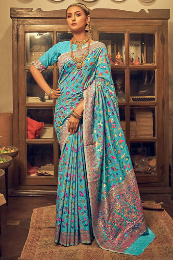 Breathtaking Firozi Pashmina saree With Glowing Blouse Piece