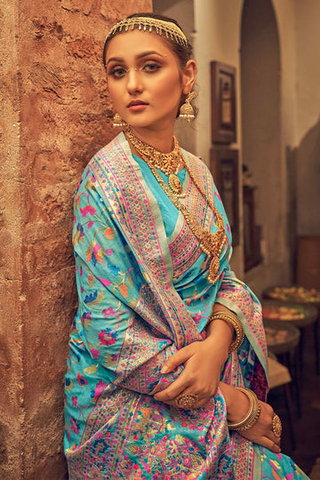 Breathtaking Firozi Pashmina saree With Glowing Blouse Piece