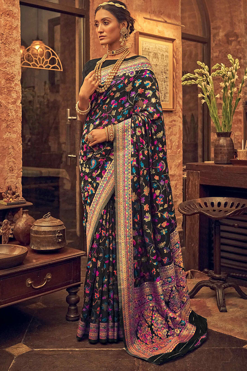 Gratifying Black Pashmina saree With Flaunt Blouse Piece