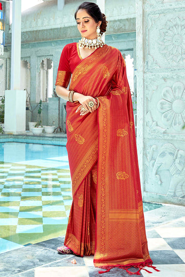 Traditional Red Kanjivaram Silk Saree With Classic Blouse Piece