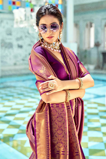 Luxuriant Purple Kanjivaram Silk Saree With Glittering Blouse Piece