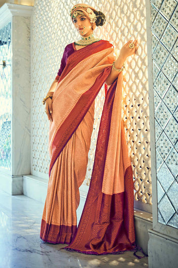 Ideal Peach Kanjivaram Silk Saree With Dissemble Blouse Piece