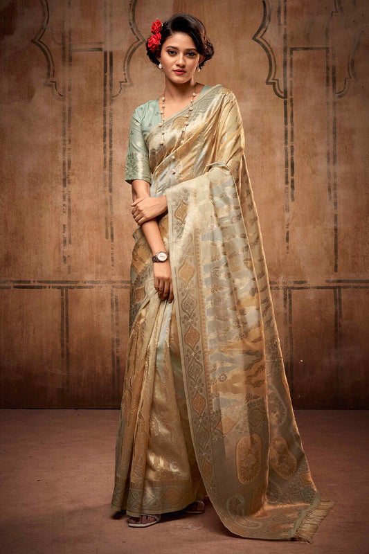 Pretty Pista Organza Silk Saree With Pretty Blouse Piece