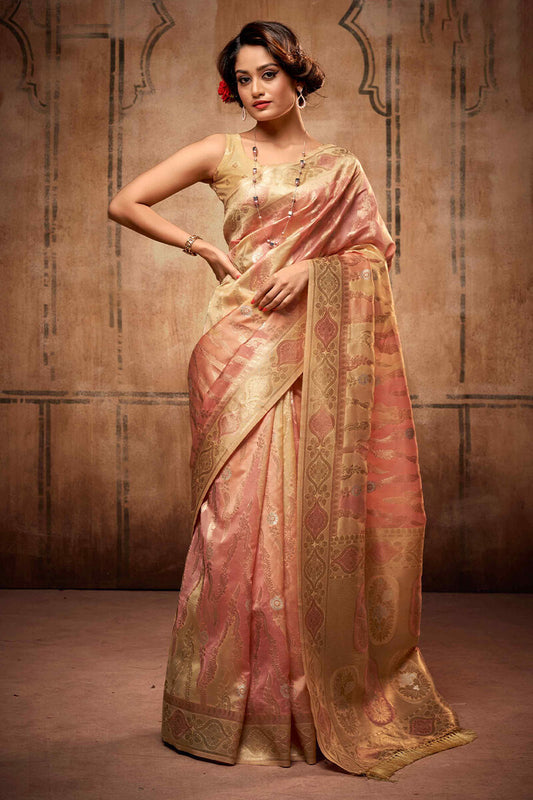 Mesmerising Peach Organza Silk Saree With Desiring Blouse Piece