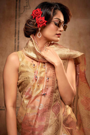 Mesmerising Peach Organza Silk Saree With Desiring Blouse Piece