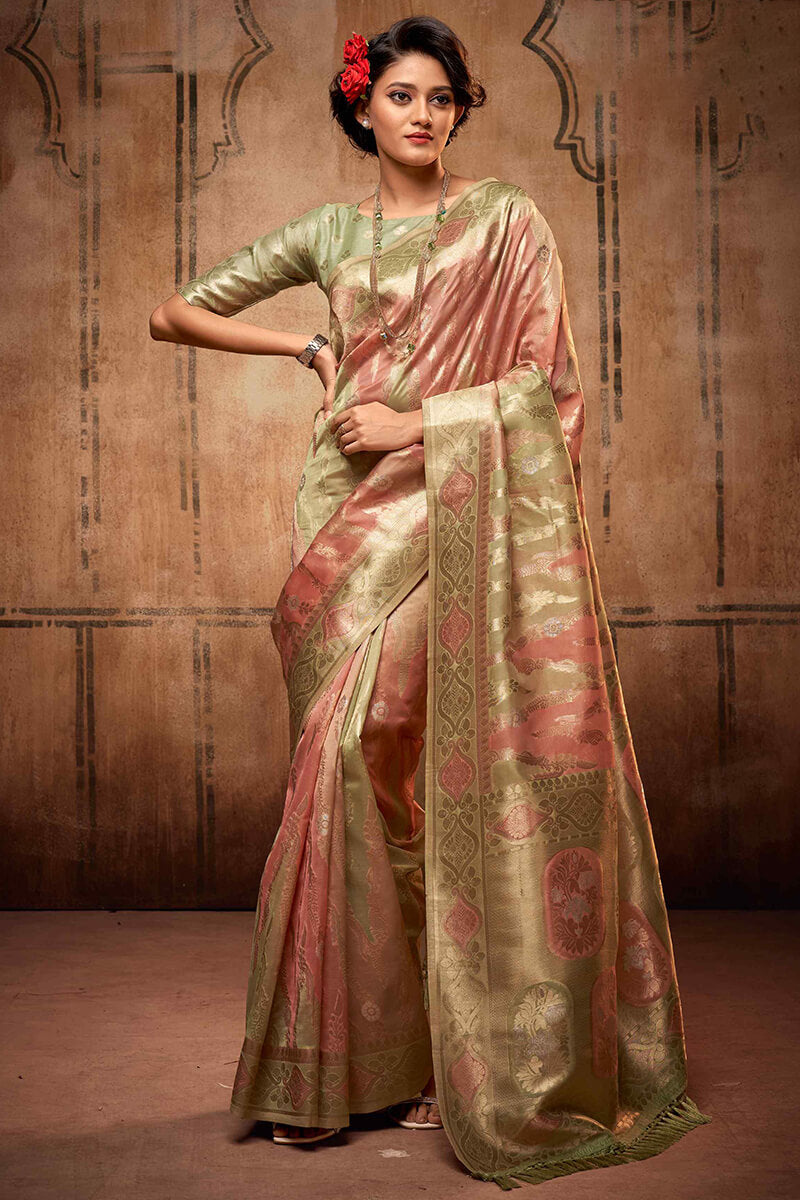 Majesty Pink Organza Silk Saree With Fairytale Blouse Piece