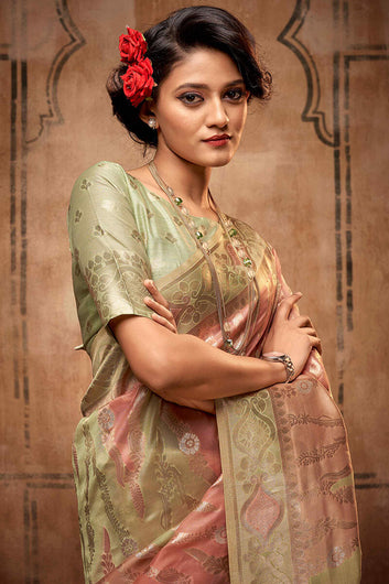 Majesty Pink Organza Silk Saree With Fairytale Blouse Piece