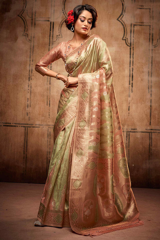 Moiety Green Organza Silk Saree With Dissemble Blouse Piece