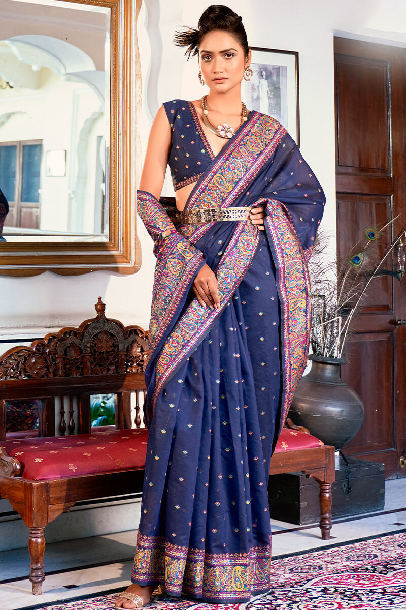 Assemblage Navy Blue Pashmina saree With Gossamer Blouse Piece