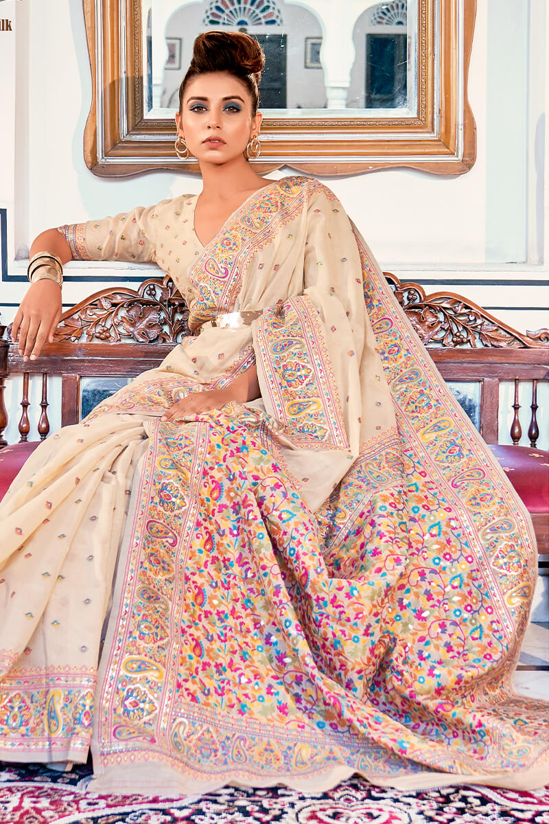Desuetude Beige Pashmina saree With Propinquity Blouse Piece