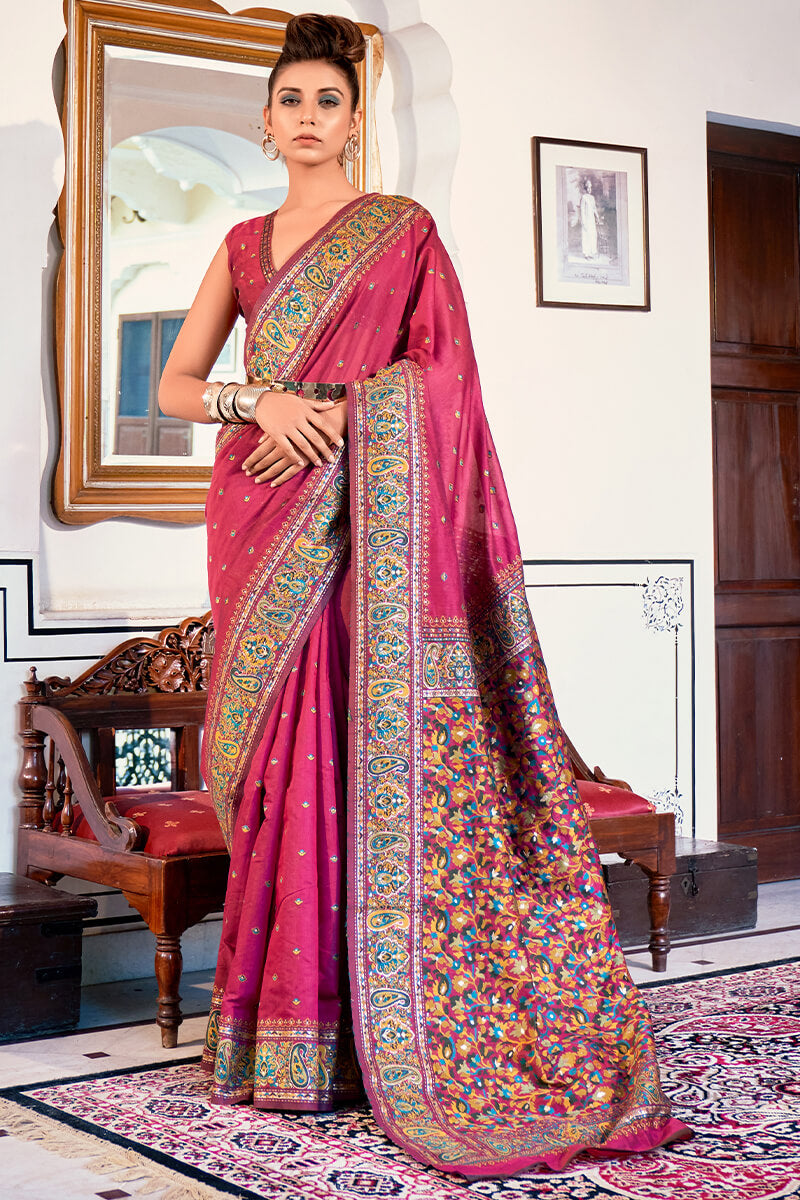 Delectable Dark pink Pashmina saree With Snazzy Blouse Piece