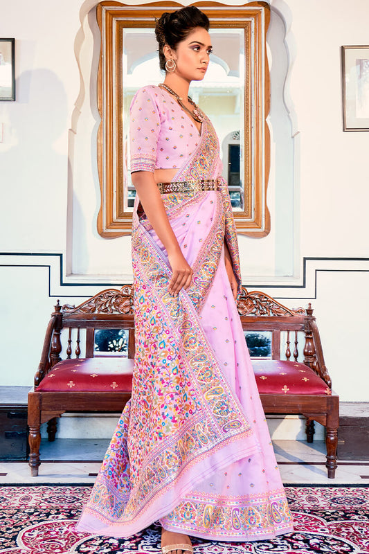 Enchanting Baby Pink Pashmina saree With Pleasurable Blouse Piece