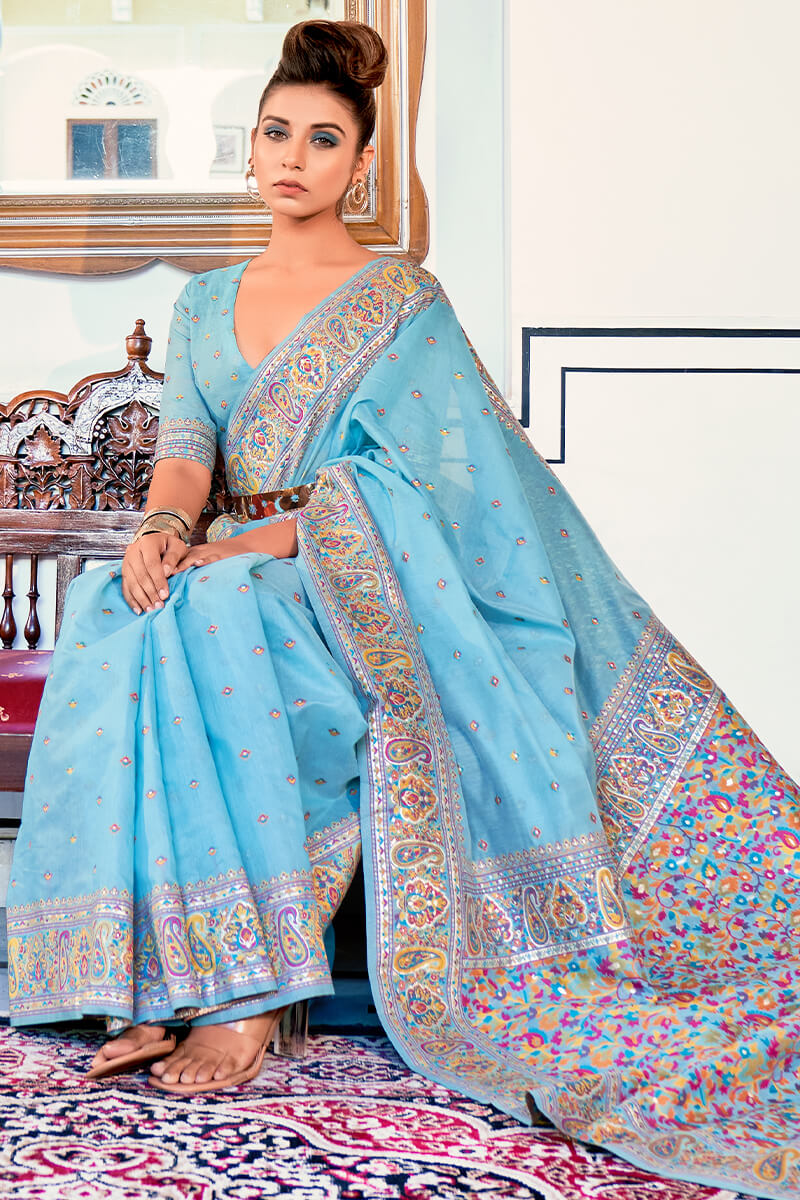Scintilla Firozi Pashmina saree With Epiphany Blouse Piece
