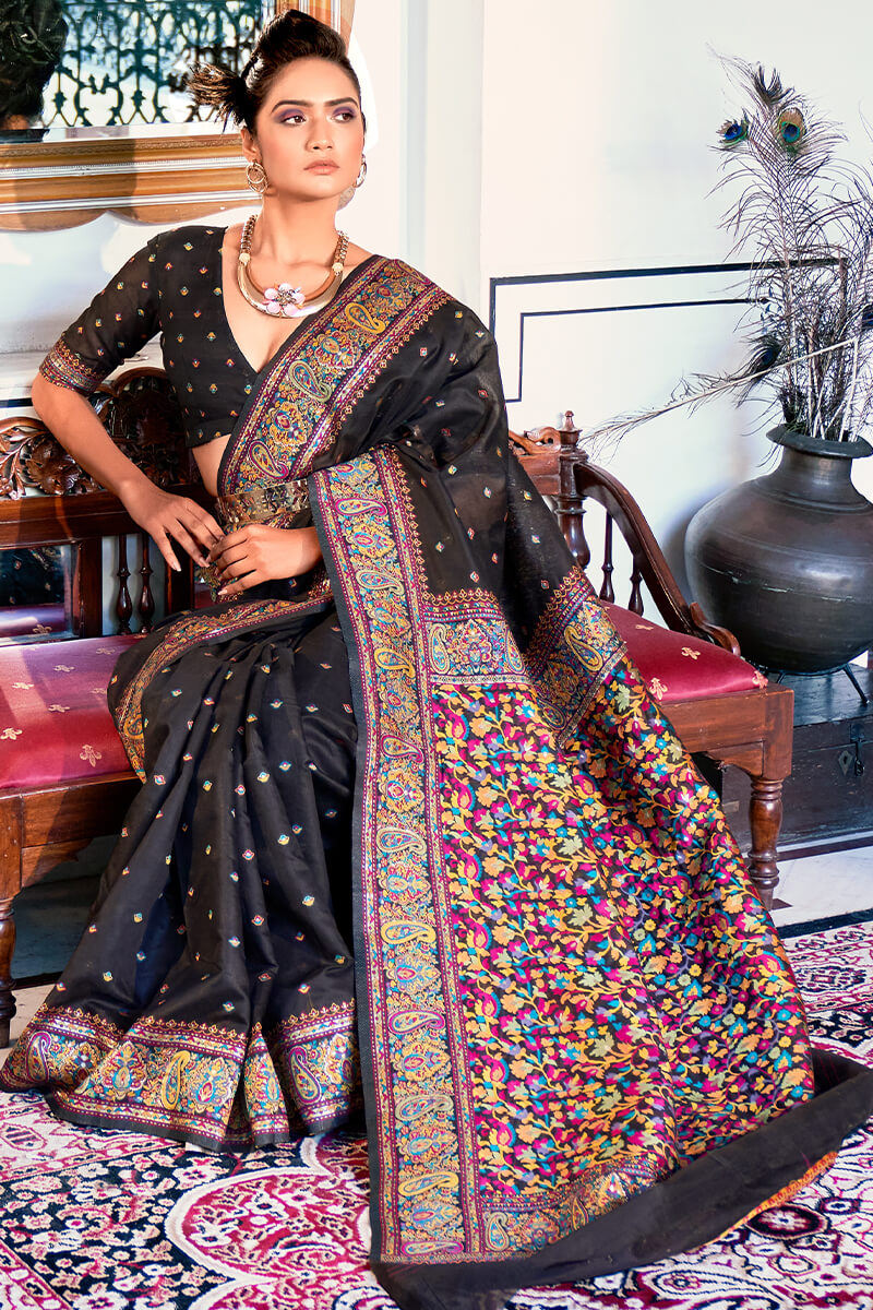 Cynosure Black Pashmina saree With Ideal Blouse Piece