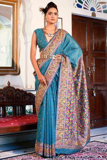 Ethnic Blue Pashmina saree With Deserving Blouse Piece