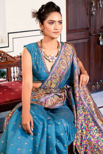 Ethnic Blue Pashmina saree With Deserving Blouse Piece