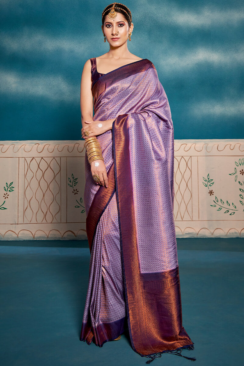 Amazing Lavender Kanjivaram Silk Saree With Energetic Blouse Piece