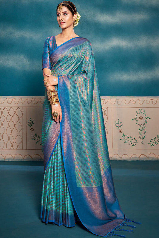 Inspiring Firozi Kanjivaram Silk Saree With Beauteous Blouse Piece