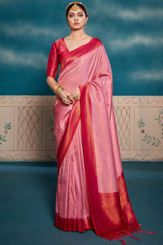 Cynosure Baby Pink Kanjivaram Silk Saree With Embrocation Blouse Piece