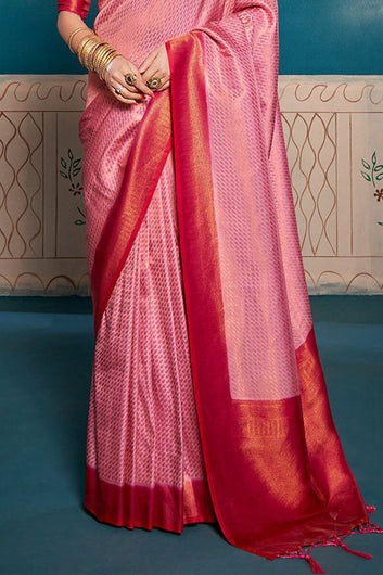 Cynosure Baby Pink Kanjivaram Silk Saree With Embrocation Blouse Piece