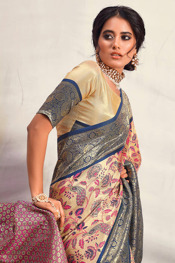 Stylish Beige Kalamkari Printed Saree With Mellifluous Blouse Piece