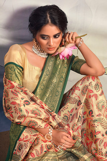 Fairytale Beige Kalamkari Printed Saree With Ethereal Blouse Piece