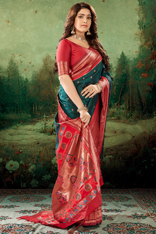 Bewitching Dark Green Paithani Silk Saree With Effervescent Blouse Piece