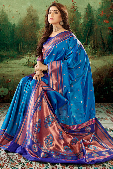 Lassitude Blue Paithani Silk Saree With Serendipity Blouse Piece