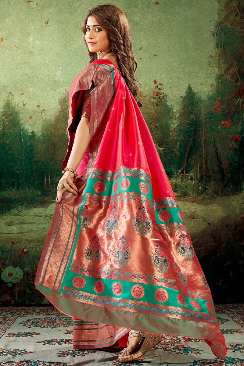 Engaging Dark Pink Paithani Silk Saree With Artistic Blouse Piece