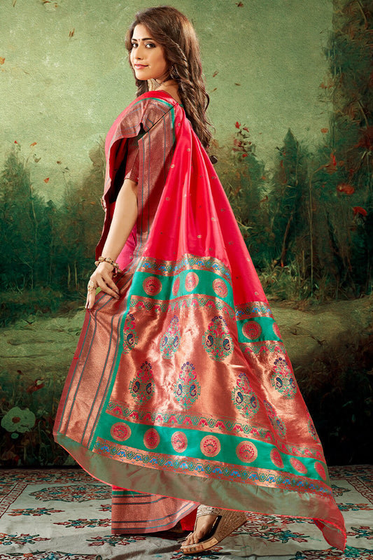 Engaging Dark Pink Paithani Silk Saree With Artistic Blouse Piece