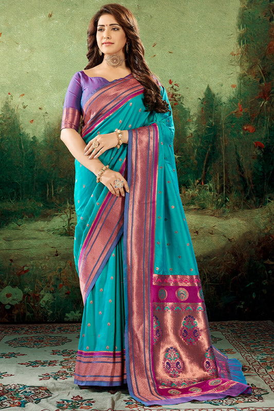 Extraordinary Firozi Paithani Silk Saree With Wonderful Blouse Piece