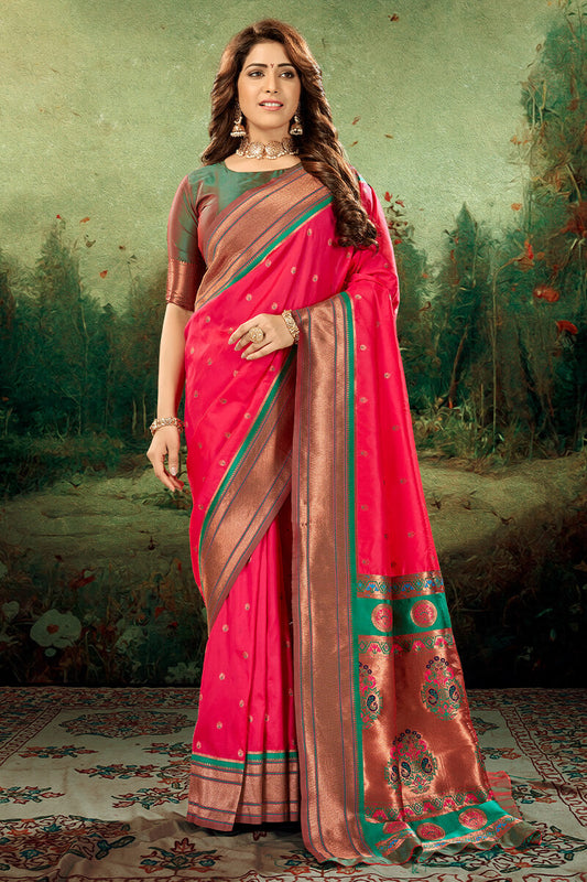 Phenomenal Dark Pink Paithani Silk Saree With Smart Blouse Piece