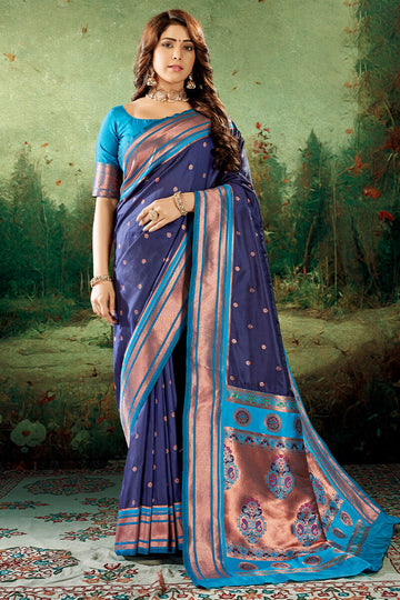 Desiring Navy Blue Paithani Silk Saree With Captivating Blouse Piece
