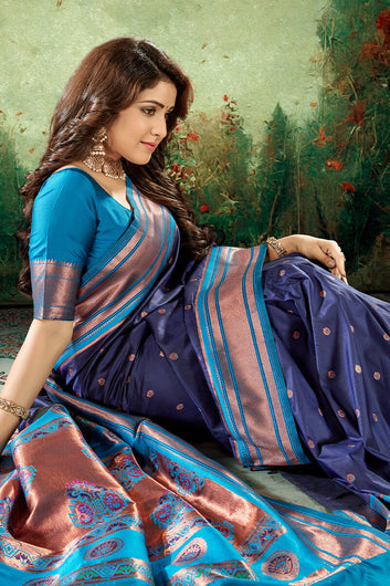Desiring Navy Blue Paithani Silk Saree With Captivating Blouse Piece