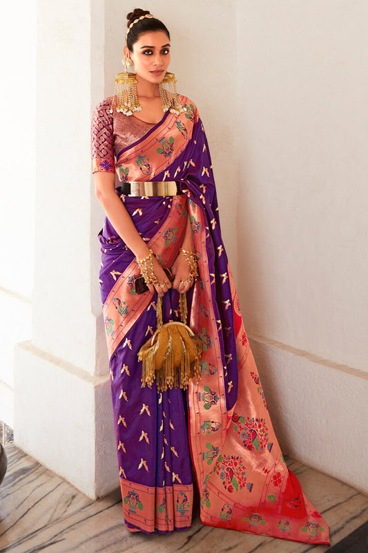 Elegant Purple Paithani Silk Saree With Energetic Blouse Piece