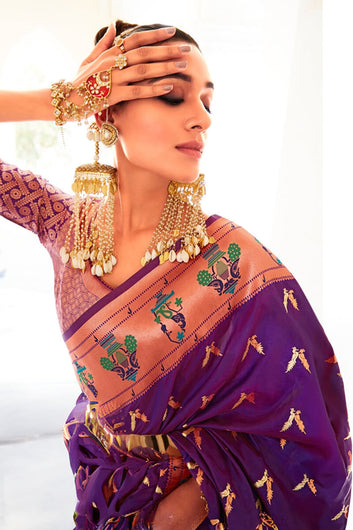 Elegant Purple Paithani Silk Saree With Energetic Blouse Piece