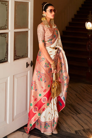 Sizzling Off White Paithani Silk Saree With Gratifying Blouse Piece