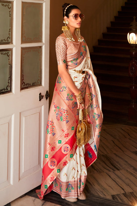 Sizzling Off White Paithani Silk Saree With Gratifying Blouse Piece