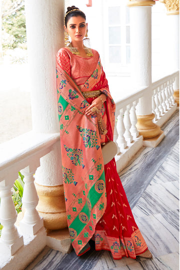 Glowing Red Paithani Silk Saree With Eye-catching Blouse Piece