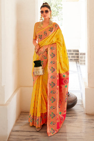 Ethnic Yellow Paithani Silk Saree With Adorable Blouse Piece